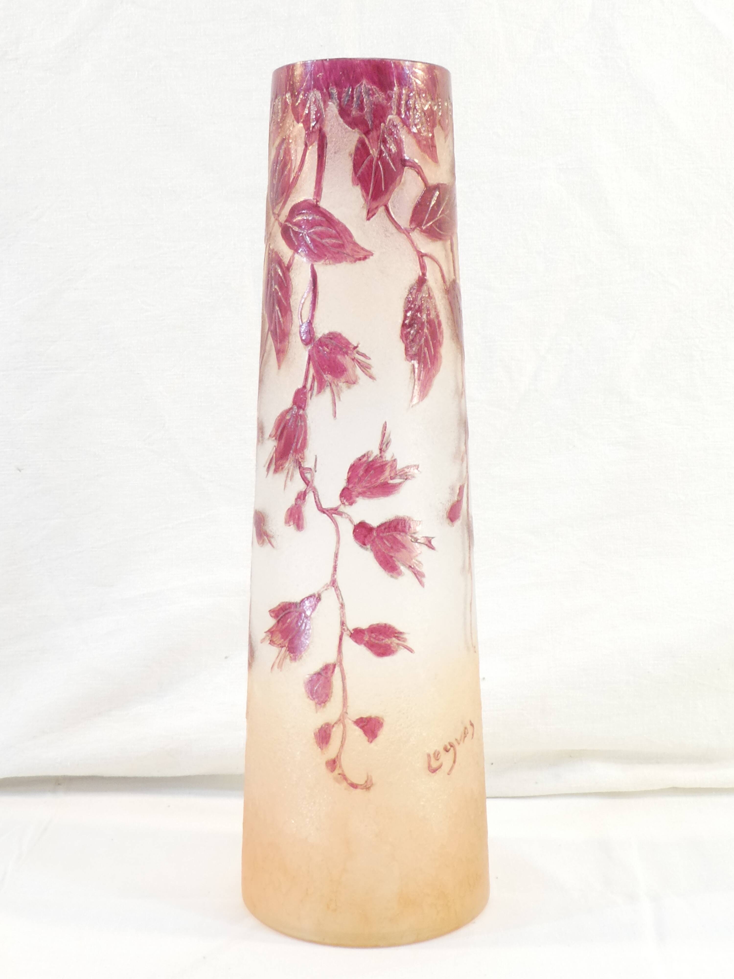 Legras vase ruby in frosted glass degagé with art nouveau acid