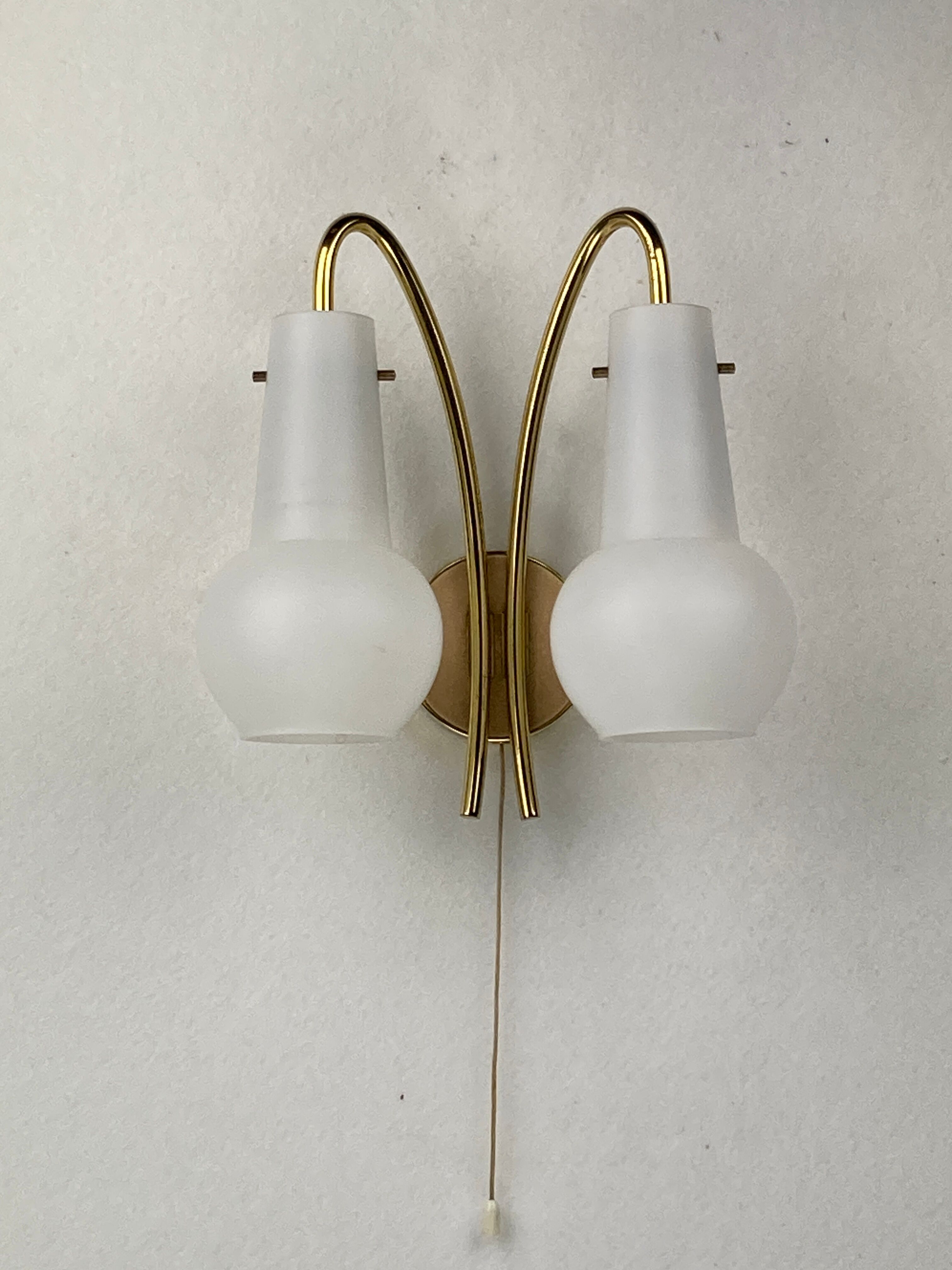 Pair brass and opaline wall sconces or bedside lamps, Austria 1950s