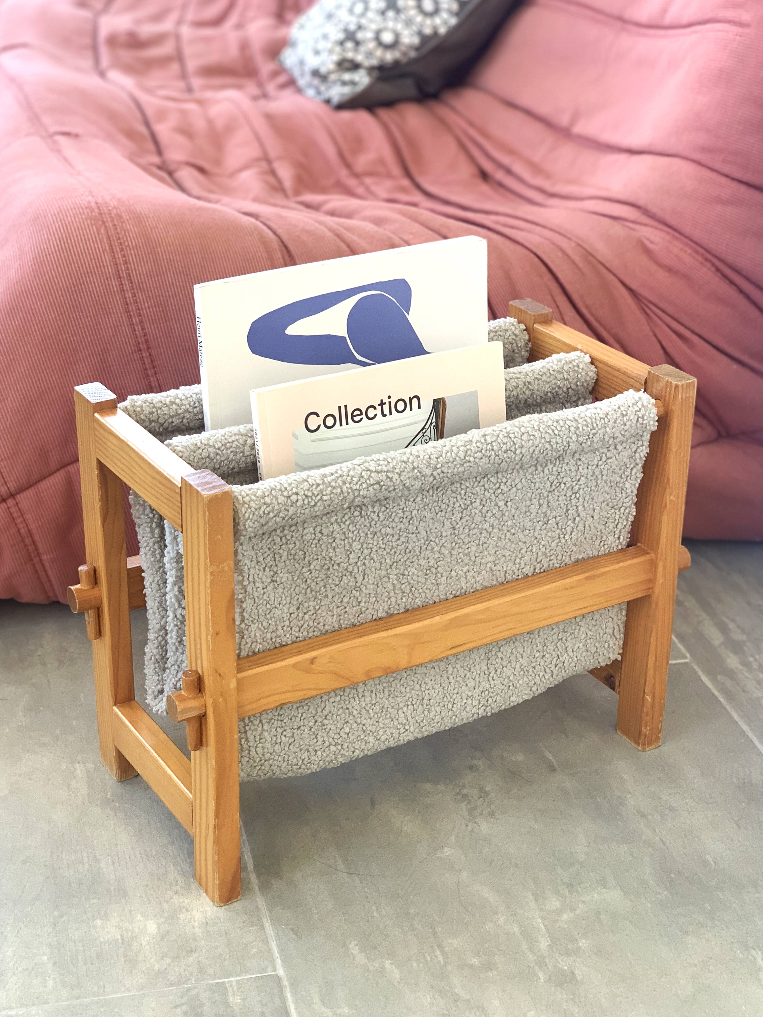 Magazine rack in wood and terry cloth, 1970