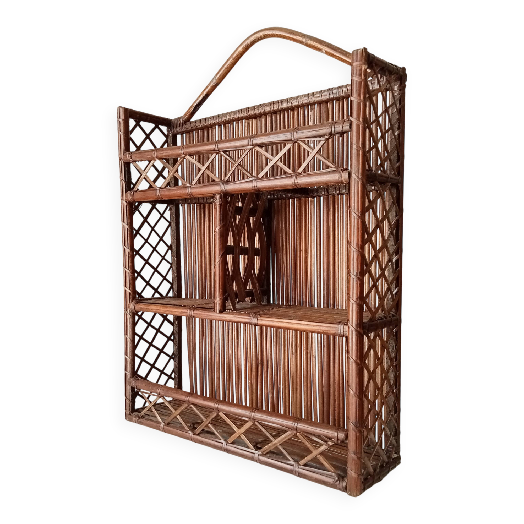 Vintage bamboo and rattan wall shelf from the 70s
