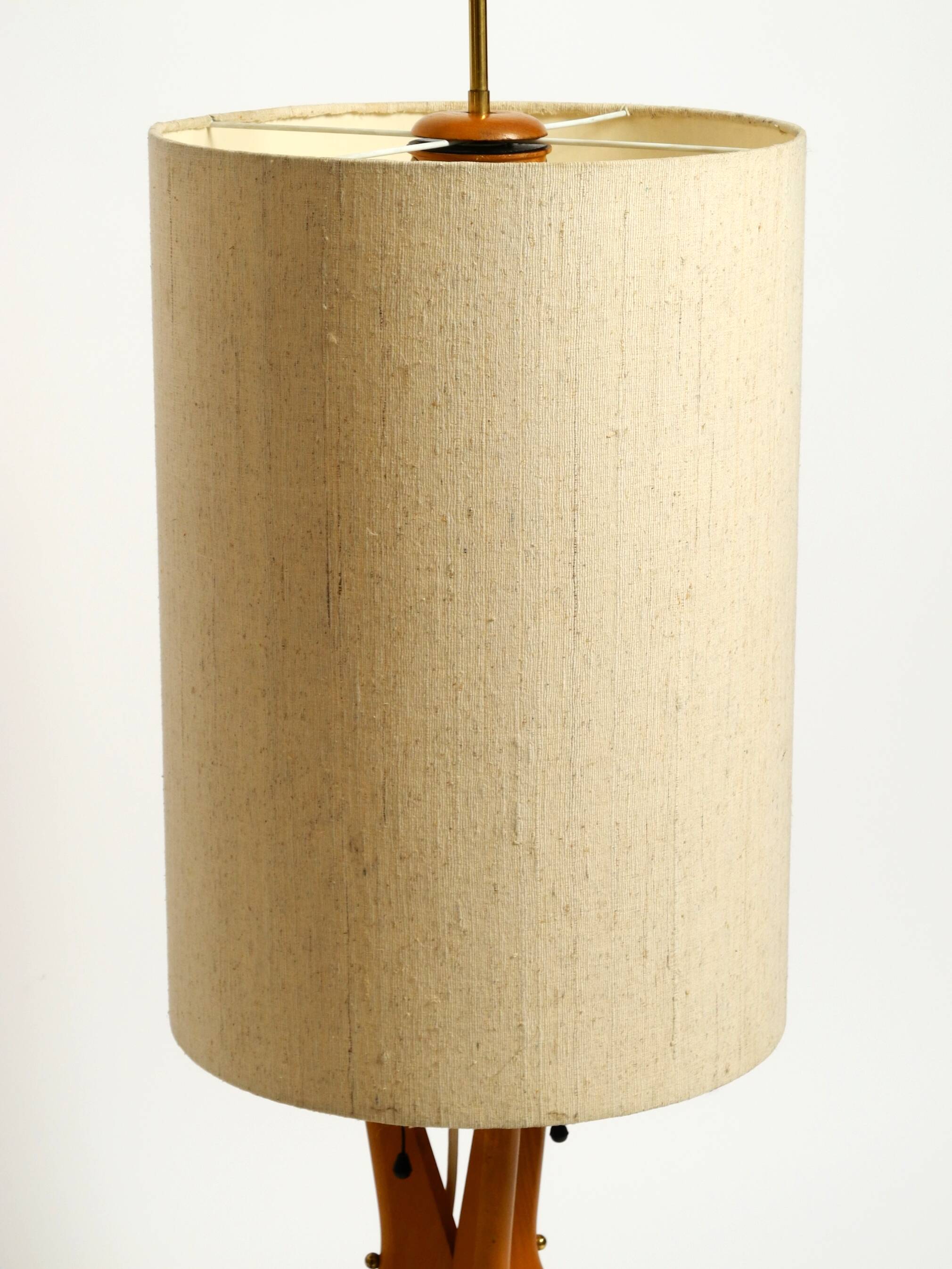 Mid Century Modern tripod walnut wood floor lamp with large fabric shade