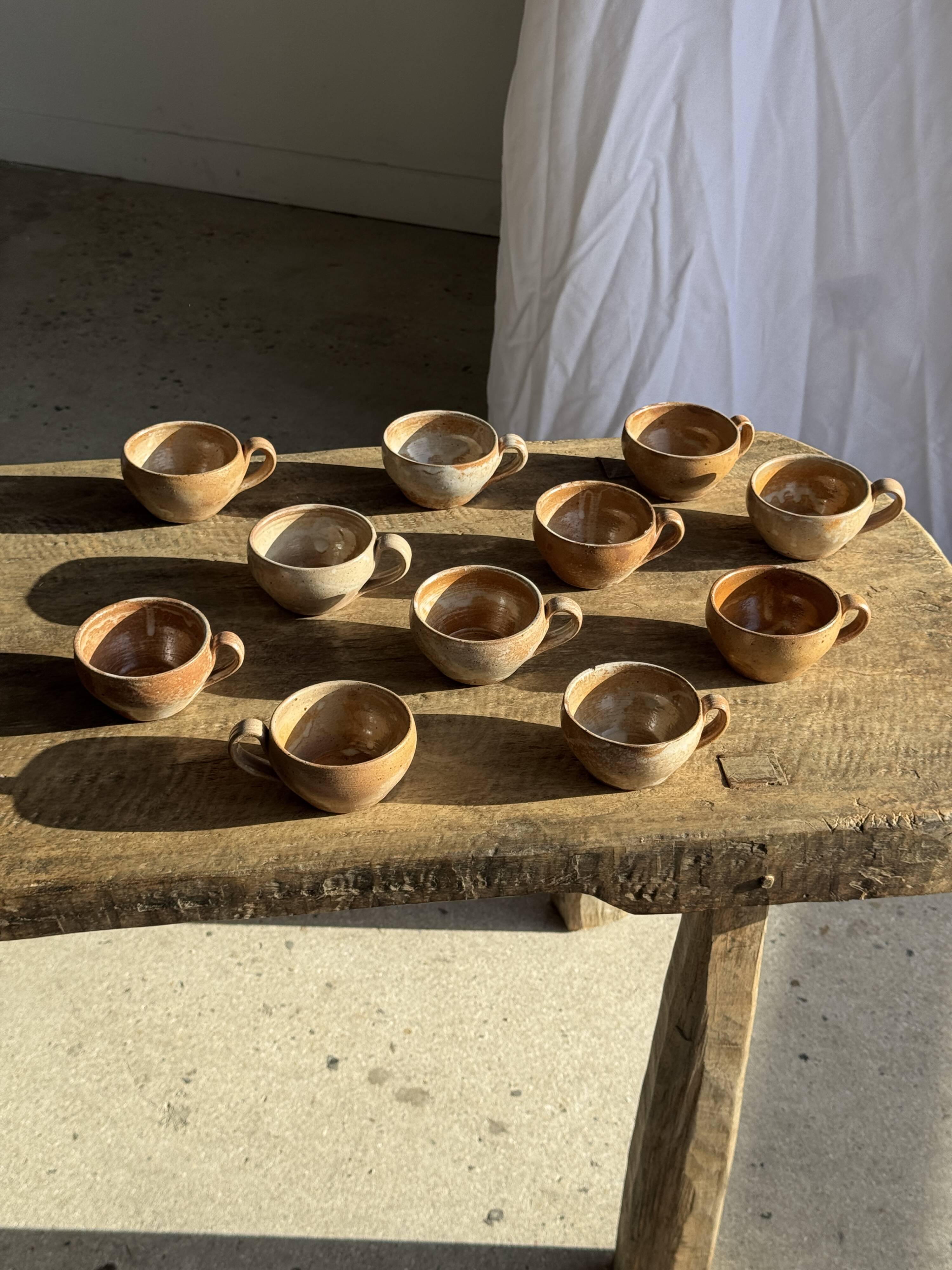 Set of 11 vintage coffee cups, raw matte stoneware H11