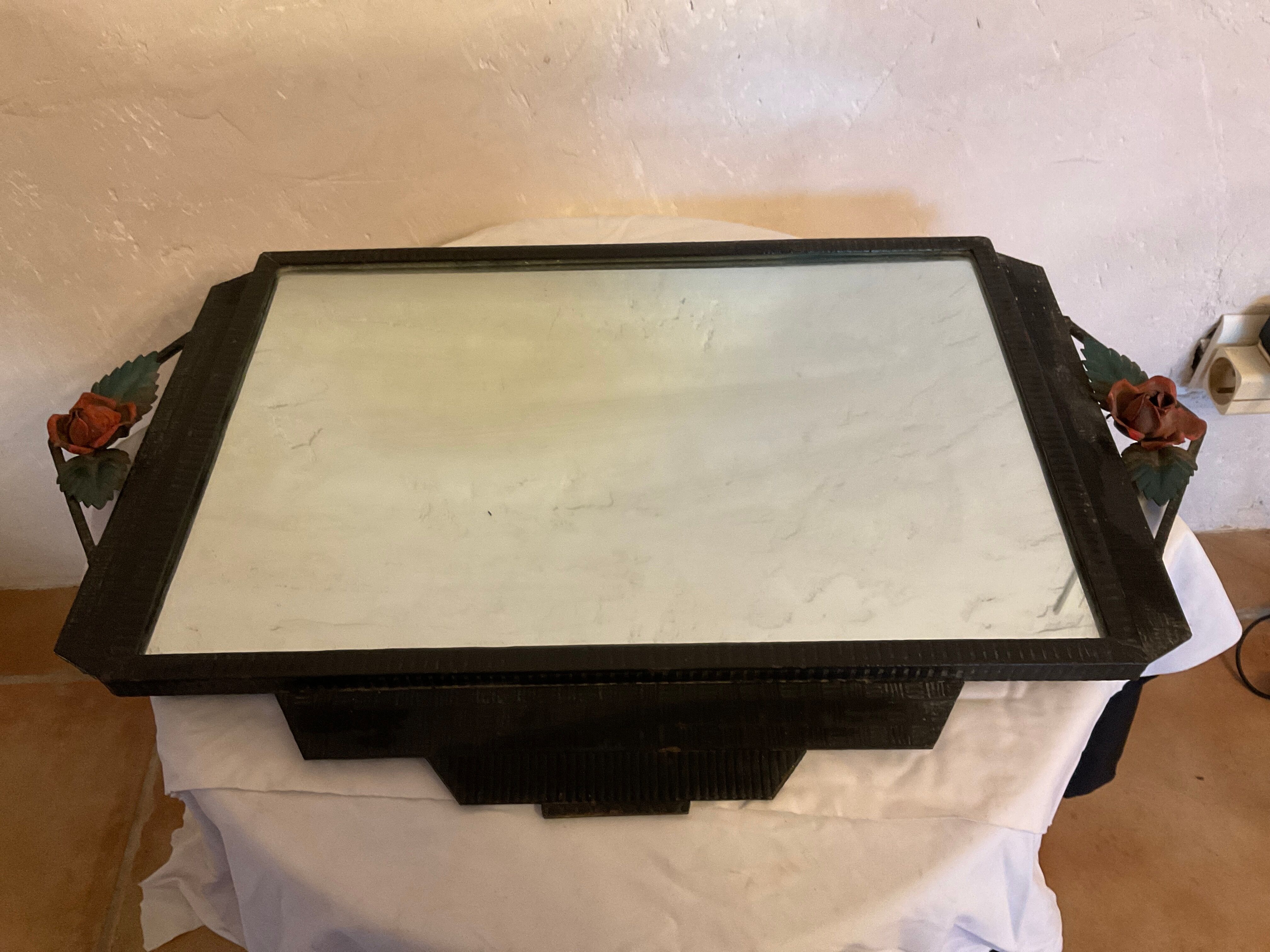 Art deco wrought iron wall mirror rose décor 64x38cm