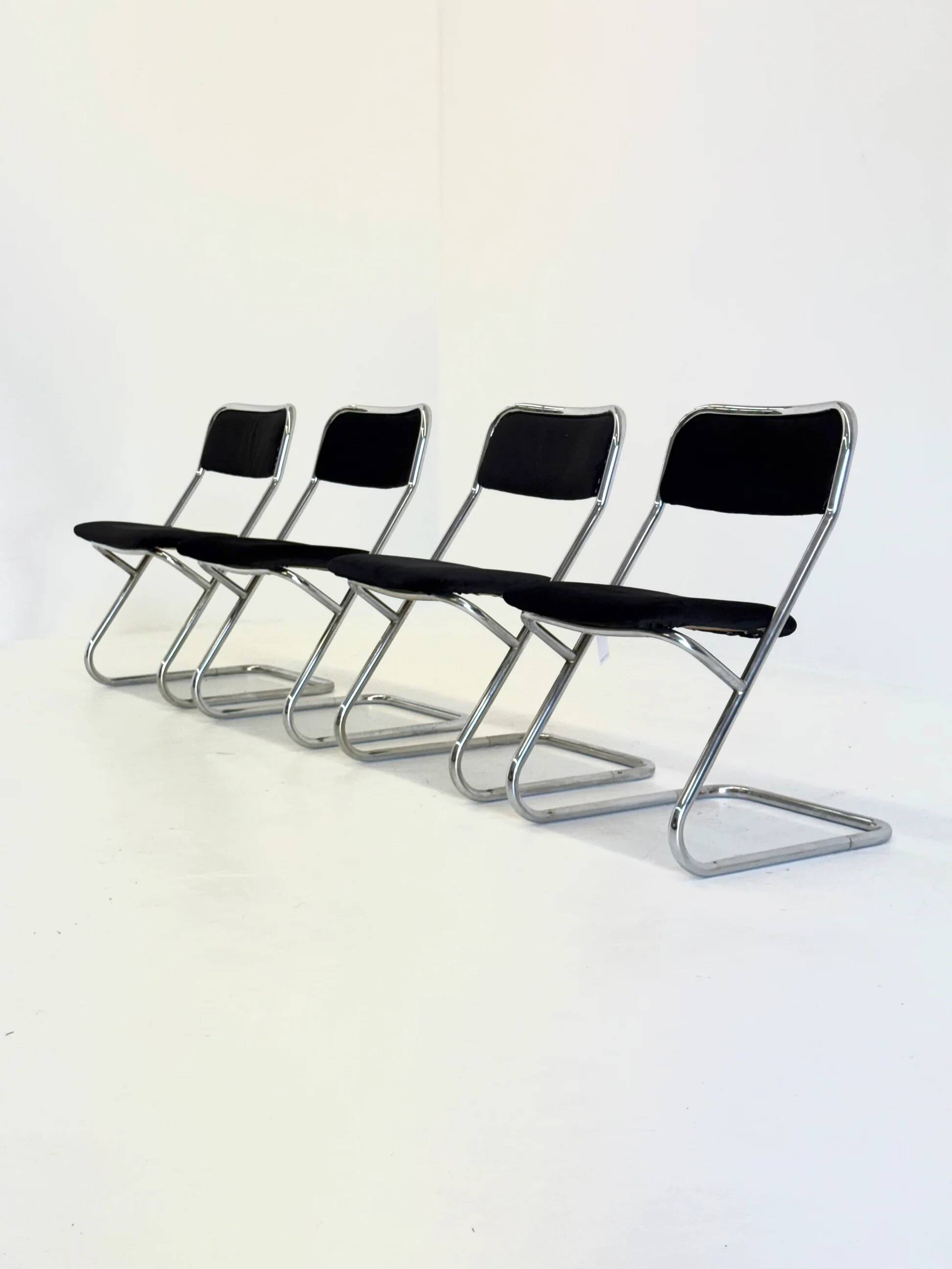 Set of 4 vintage tubular frame dining chairs in black velvet