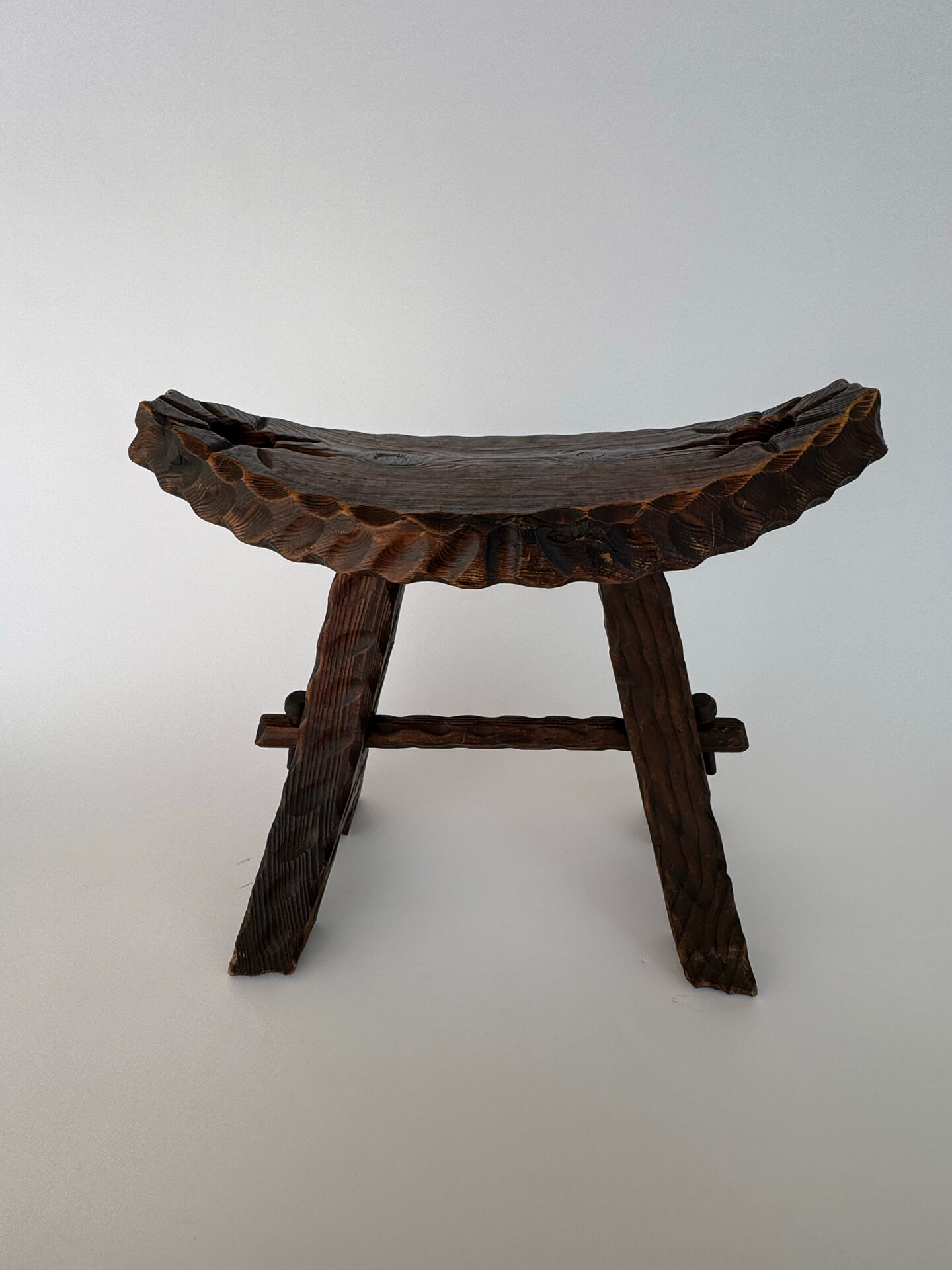 Vintage Brutalist Hand Carved Wooden Stool