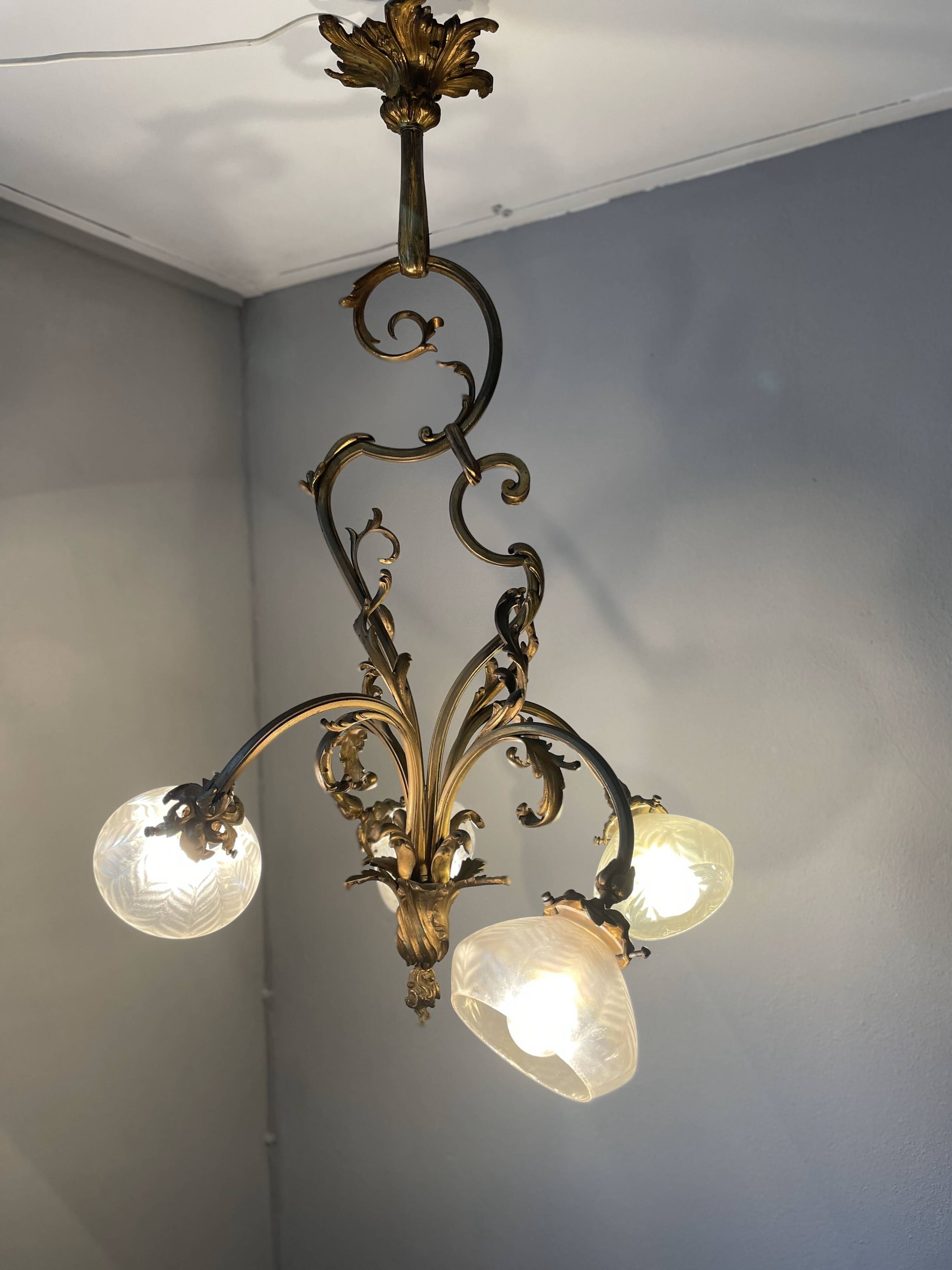 Jugendstil Golden Chandelier with Frosted Glass Shades