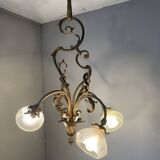Jugendstil Golden Chandelier with Frosted Glass Shades