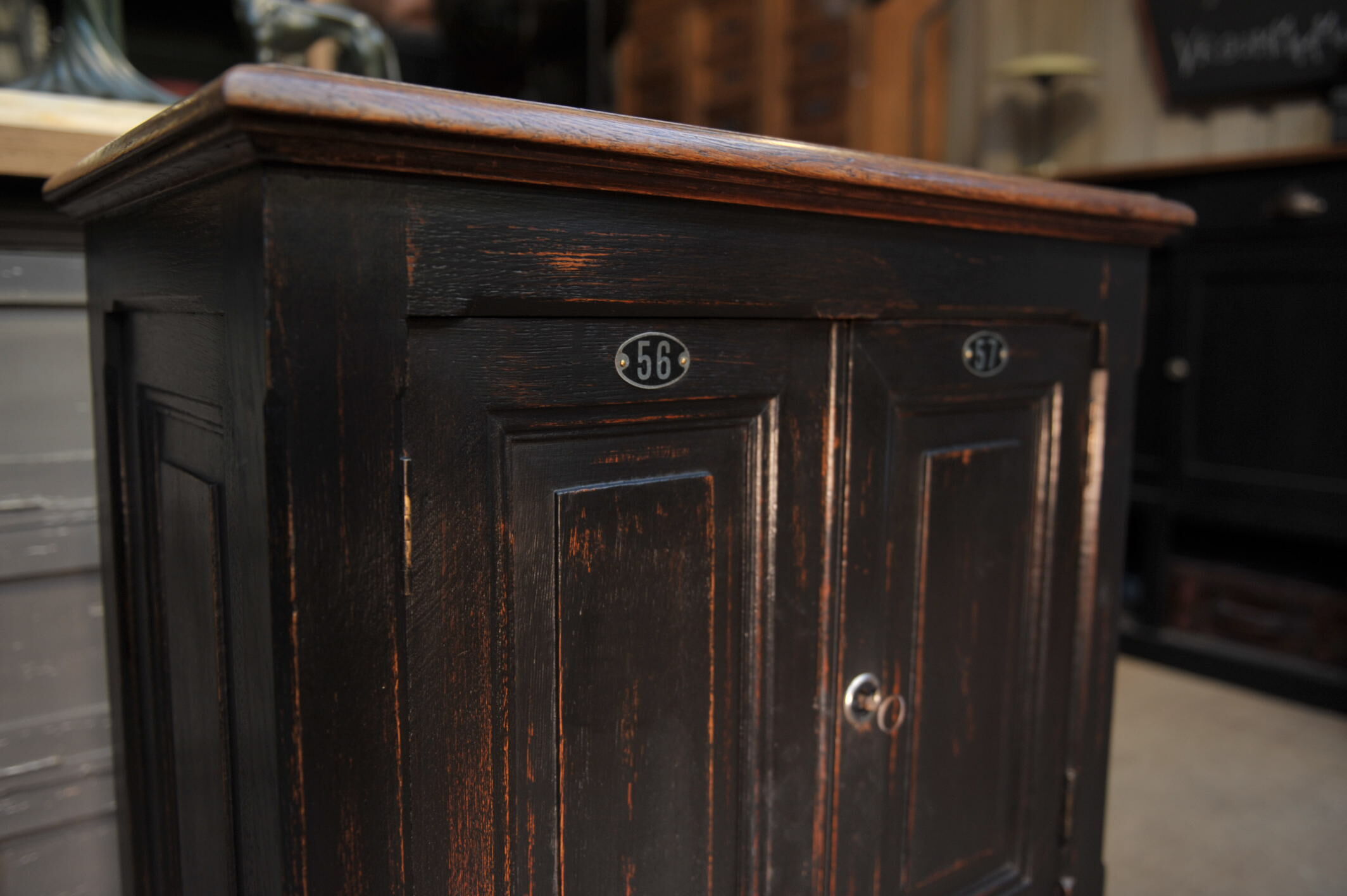 1930s Oak furniture with 2 black patinated doors.