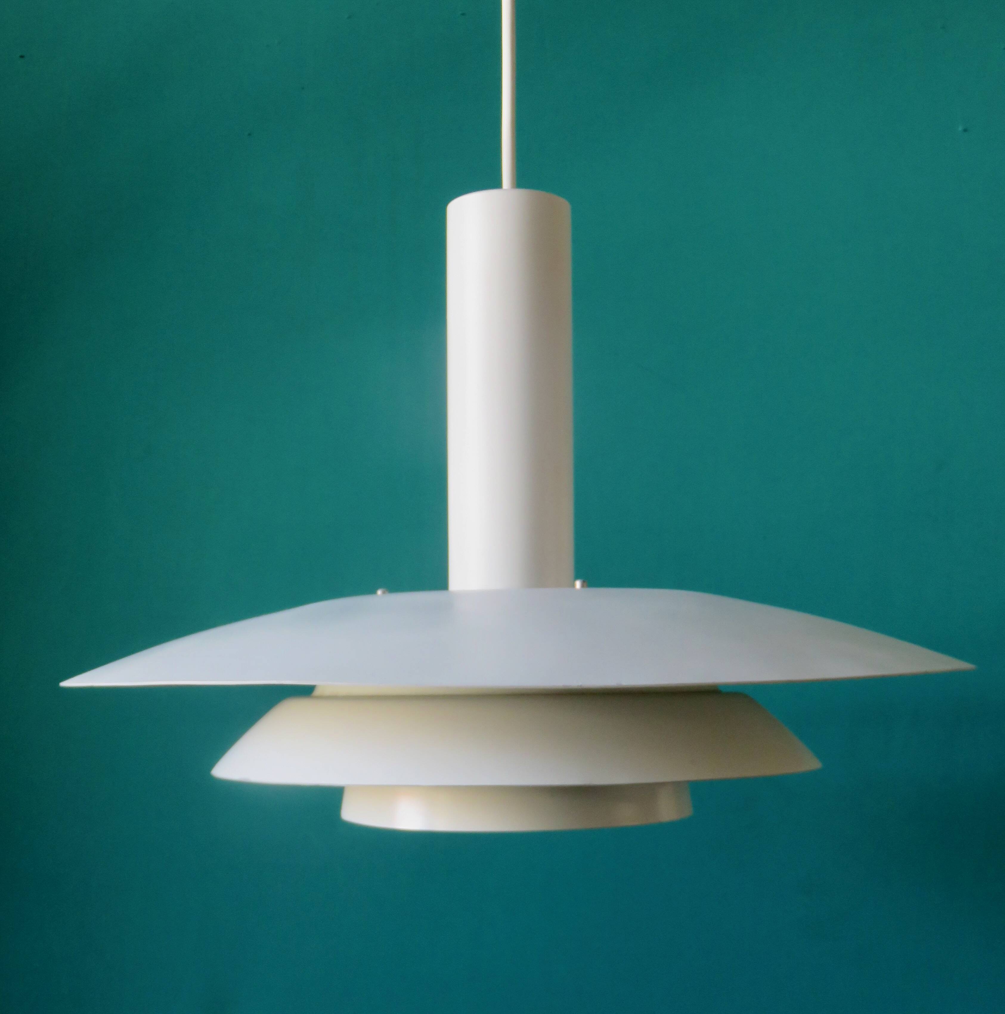1970s pendant light in white lacquered metal. Denmark 1975