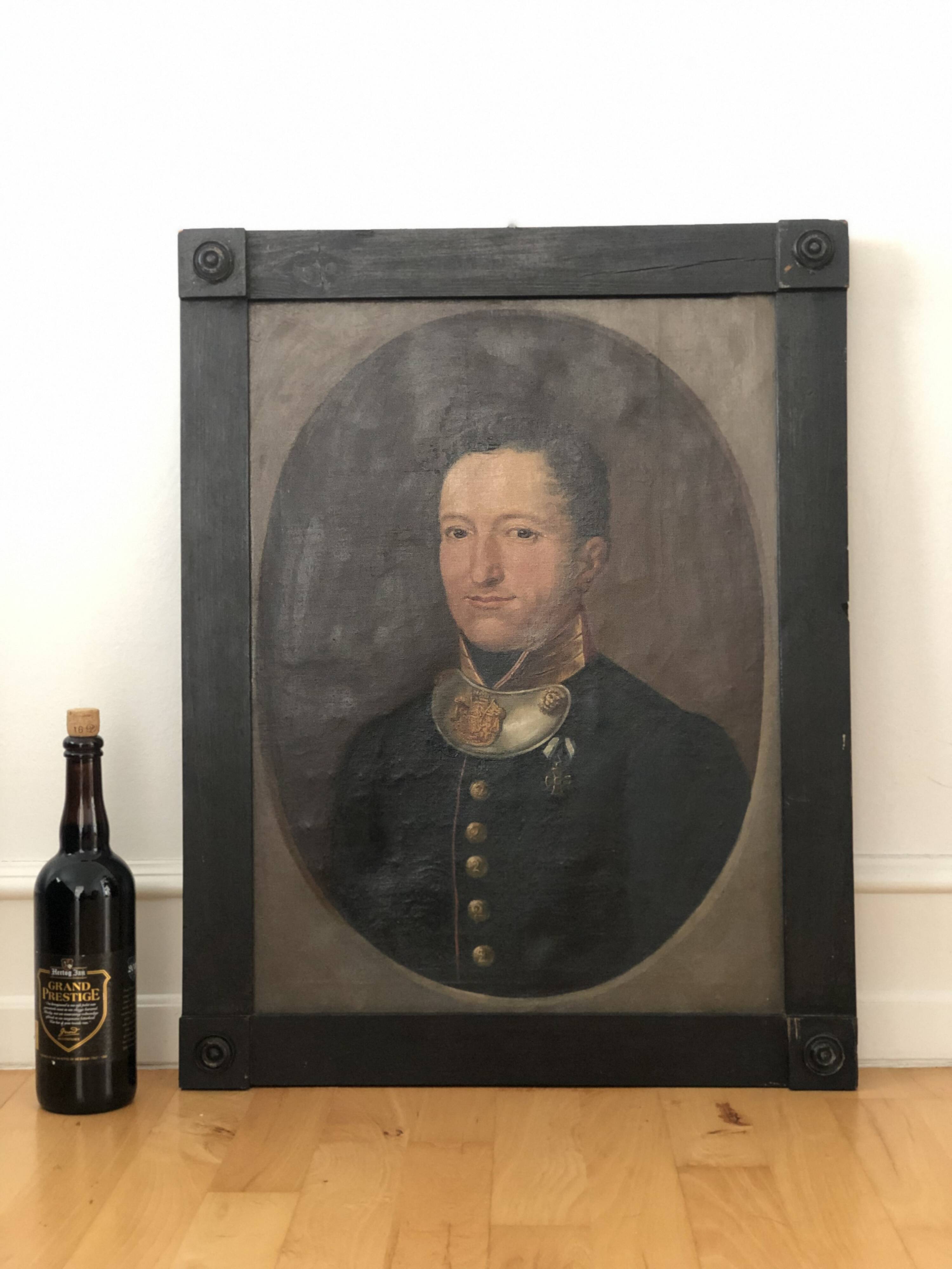 Peinture de portrait militaire antique de grand format d'un baron allemand, 1870