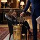 Hollywood Regency style umbrella stand, brass finish and lio pattern.