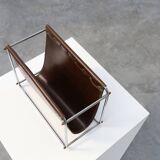 Vintage Magazine rack in chrome and faux leather, France 1960s
