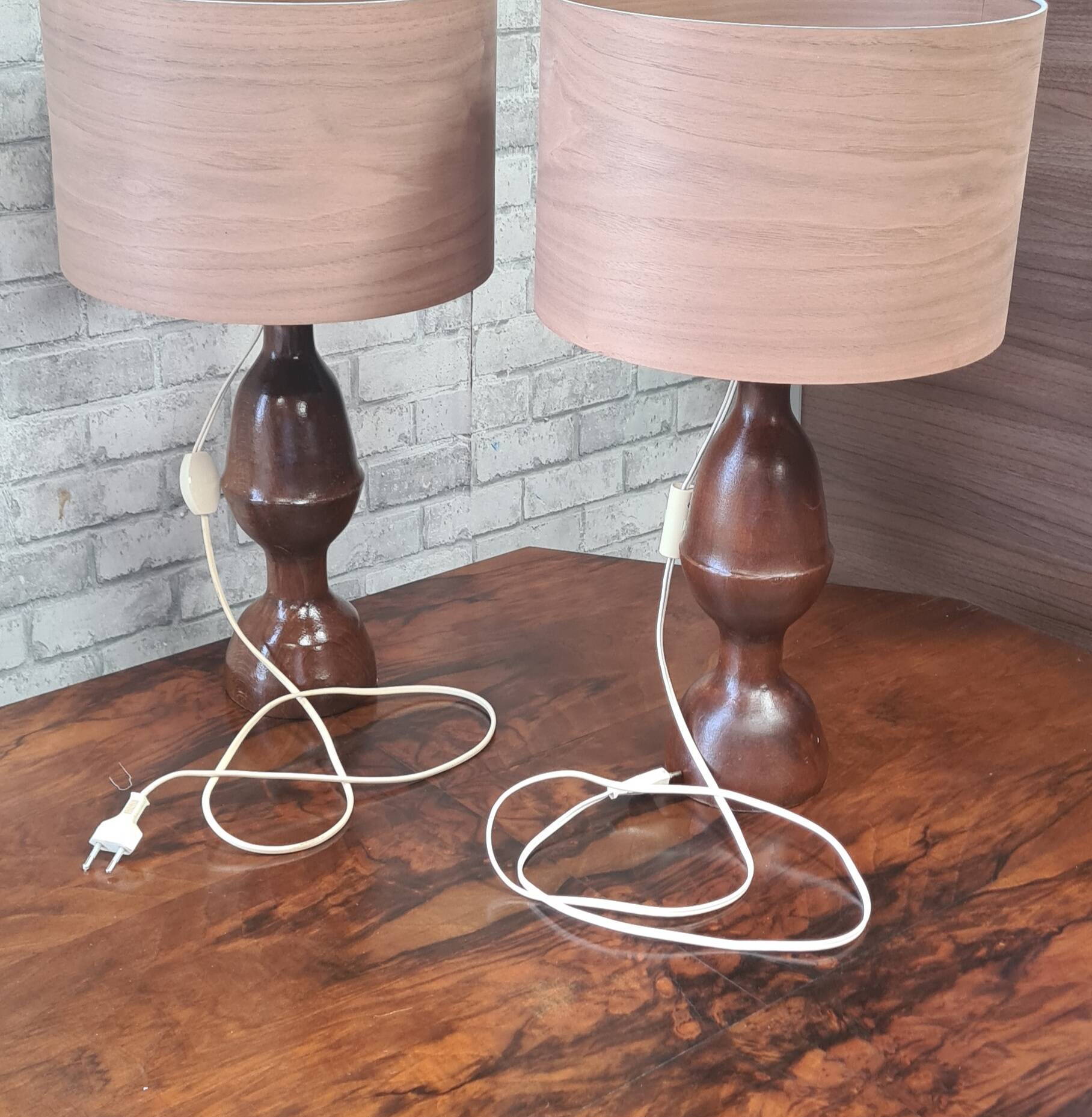 pair of 1960s Scandinavian lamps in solid varnished wood and veneered lampshades
