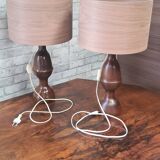 pair of 1960s Scandinavian lamps in solid varnished wood and veneered lampshades