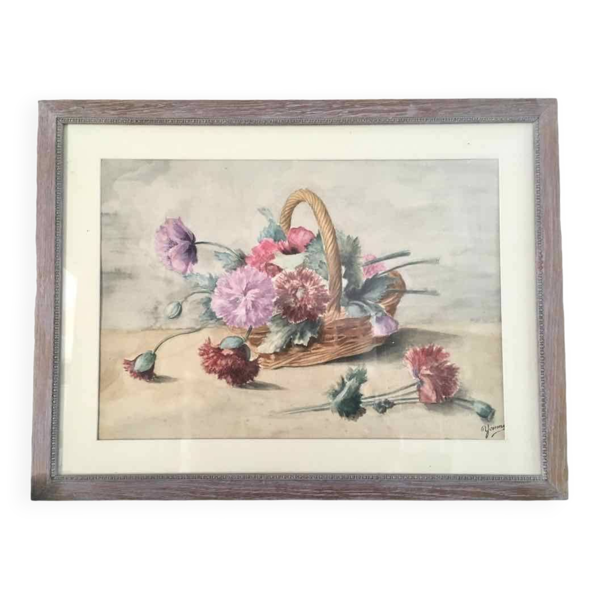 Watercolor painting basket of peonies