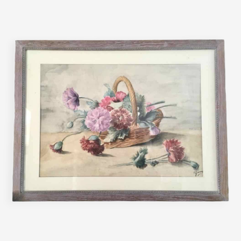 Tableau aquarelle panier de pivoines