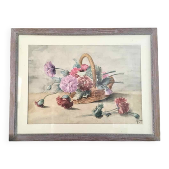 Watercolor painting basket of peonies