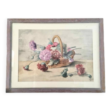 Tableau aquarelle panier de pivoines
