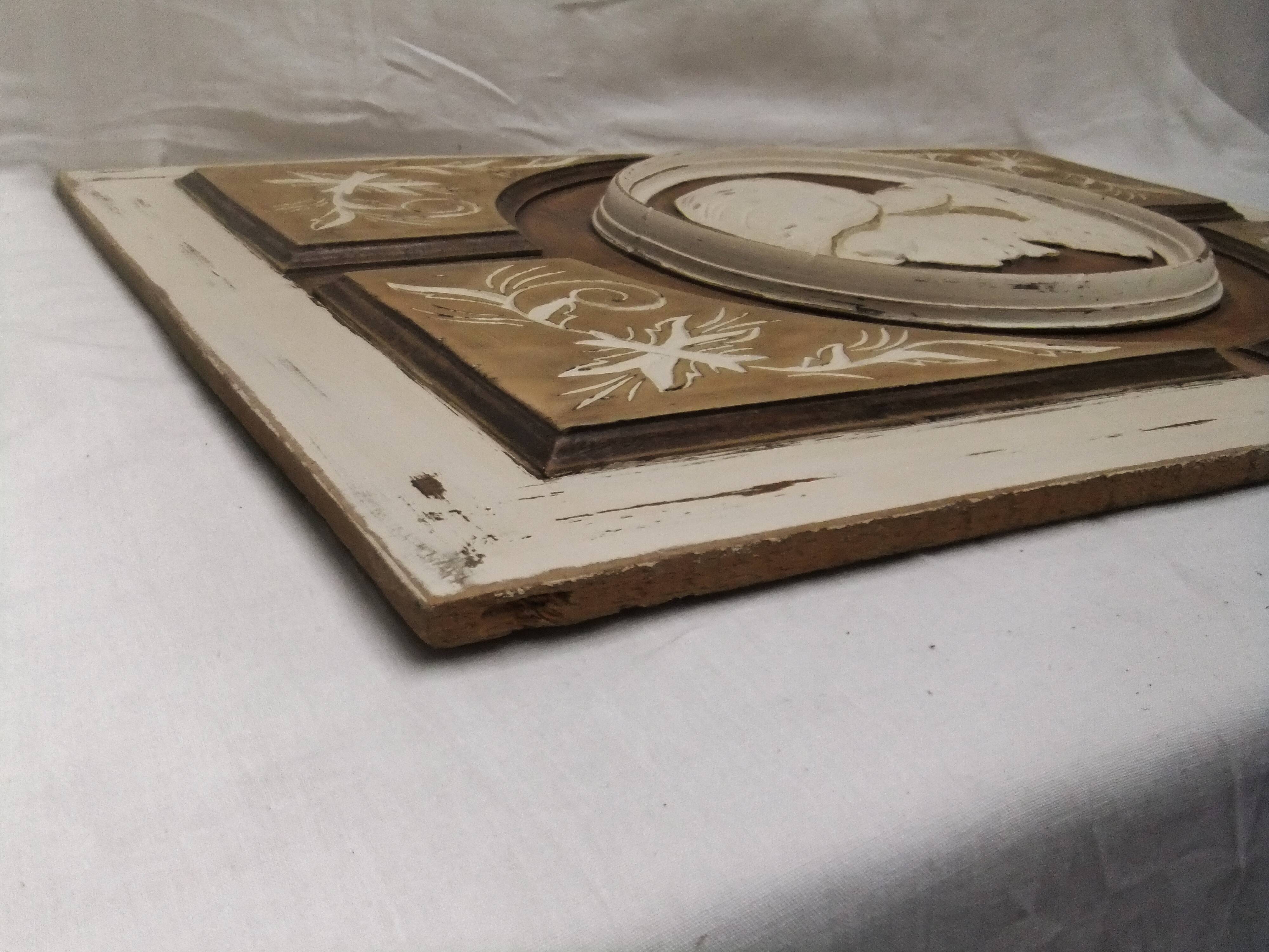 Large bas relief painting medallion woman patina wooden frame ornament