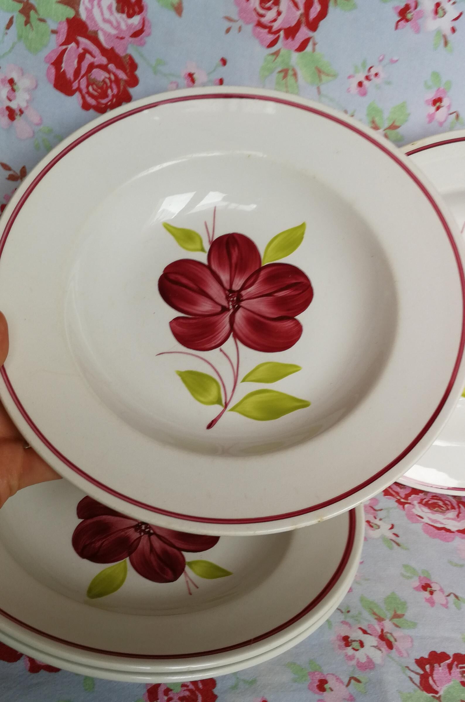 4 old hollow plates, model "Geraldine" red and green flowers