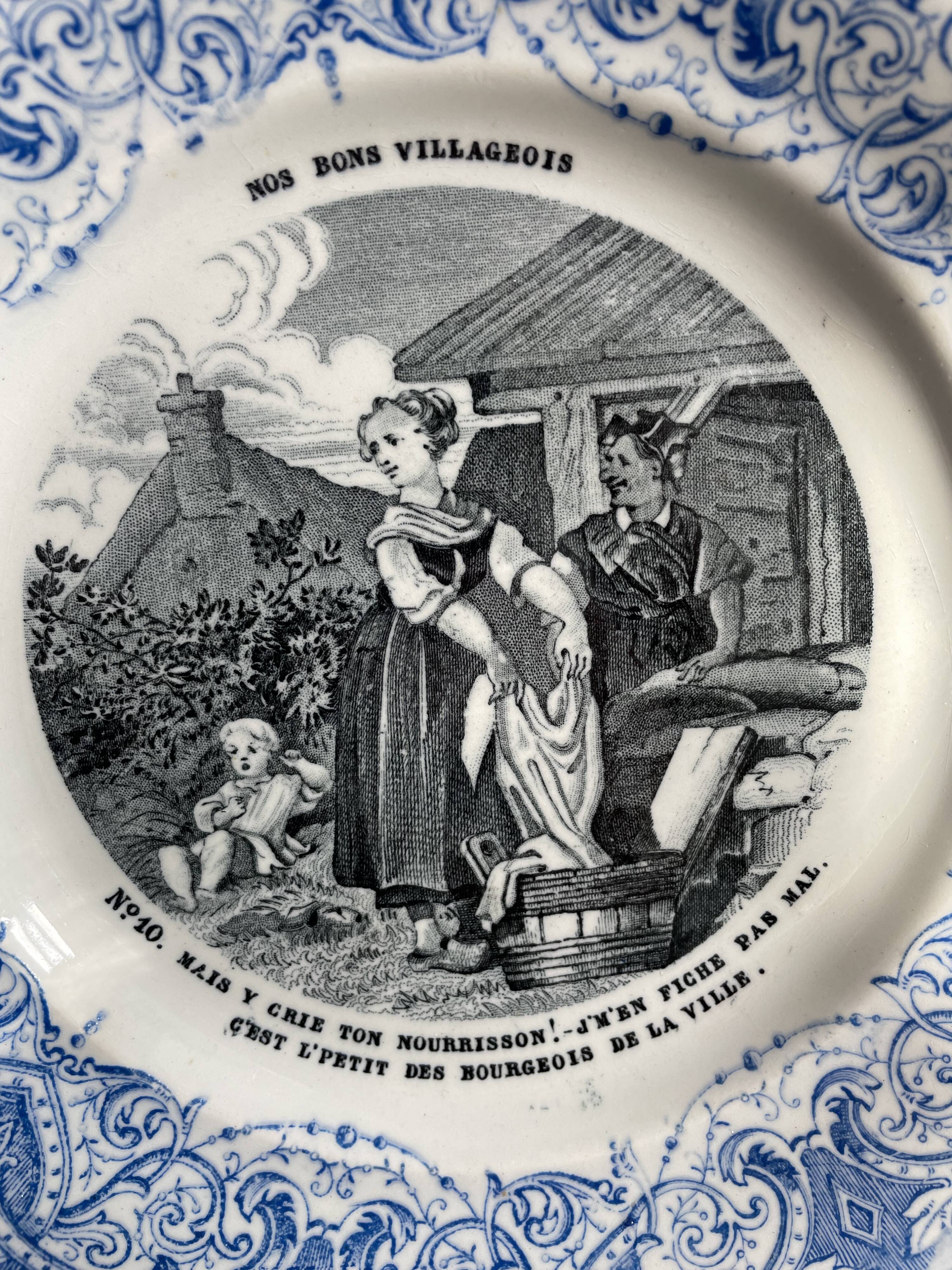 Set of 6 talking plates - creil and montereau France