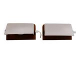 A pair of teak wood wall lamps with plastic shade.