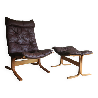 Fauteuil lounge et ottoman Siesta en cuir marron Ingmar Relling, 1960