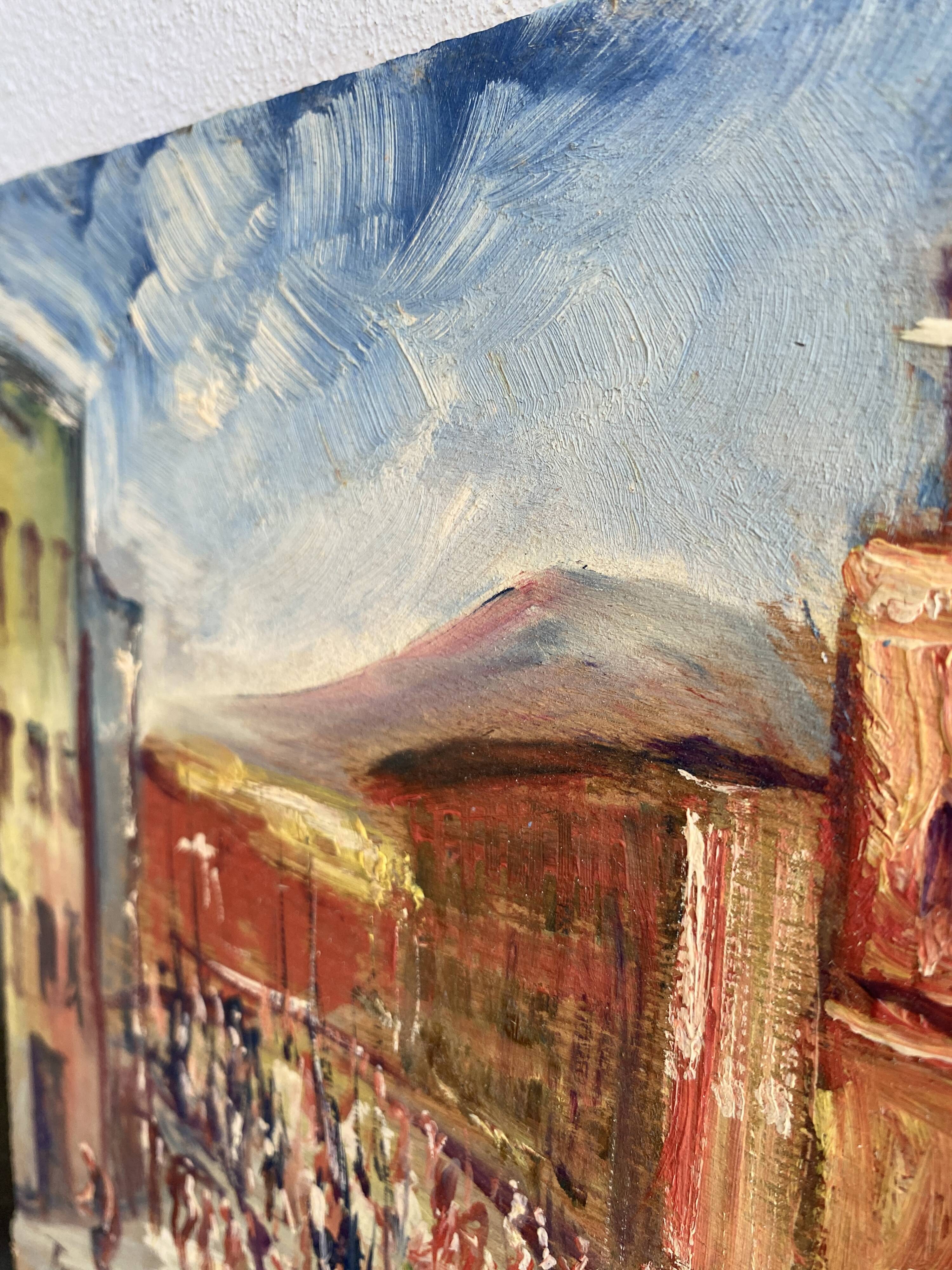 Oil on wood, “village festival”, Italy, 1960s