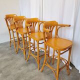 Ensemble de 4 chaises hautes de bar vintage en bois courbé avec accoudoirs / Couleur bois naturel