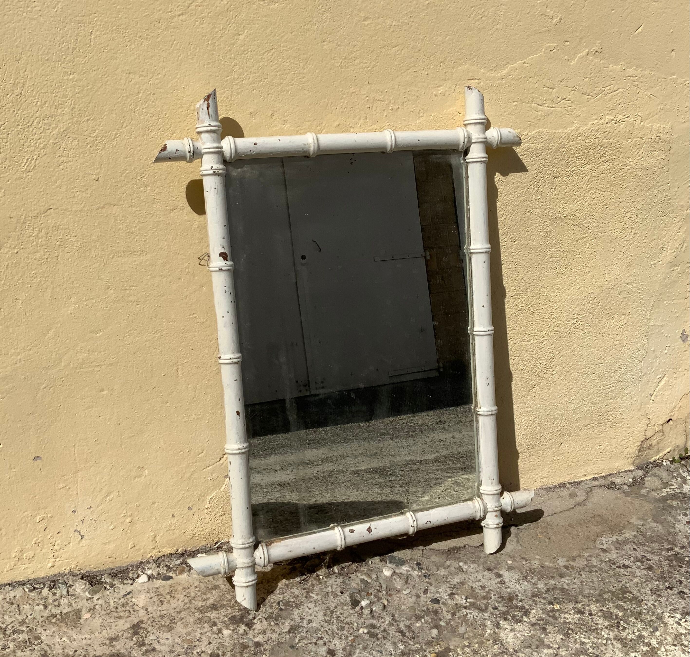 Wooden mirror old bamboo style vintage white ice mercury