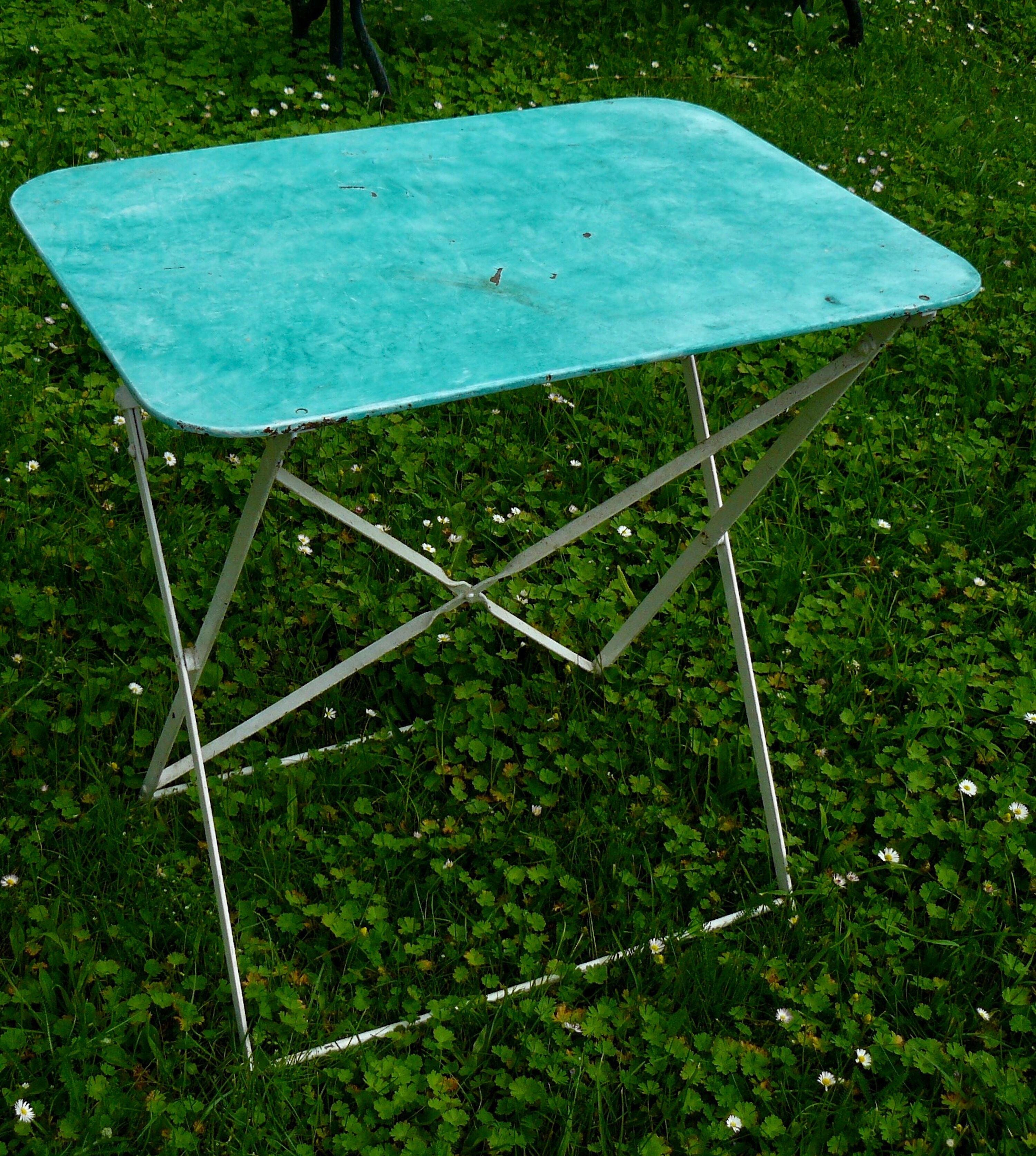 Vintage green and white painted metal folding garden table 1950