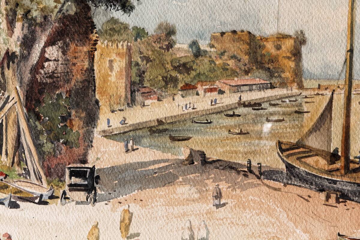 Orientalist watercolor, animated landscape, Mediterranean port