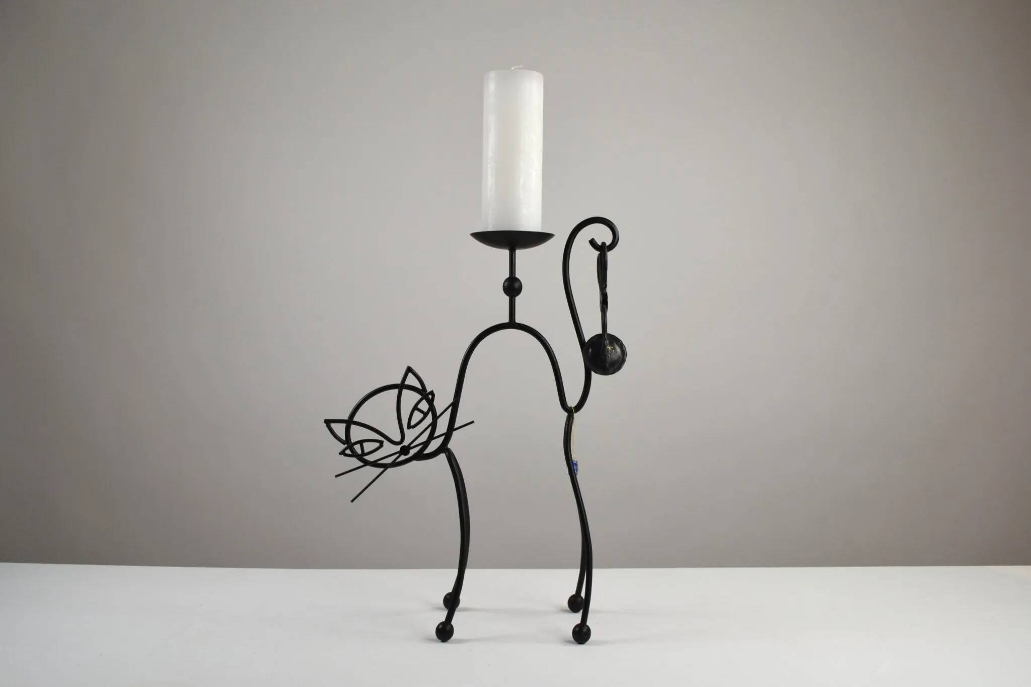 Black Painted Metal Cat Candle Holder, Snuffer & Original Label by Gunnar Ander for Ystad-Metall, Sweden, 1950s/60s