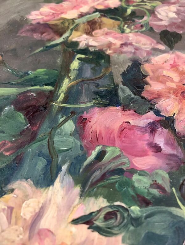 François Félix Roubaud Nature morte huile sur panneau de bois bouquet roses pivoines XIX