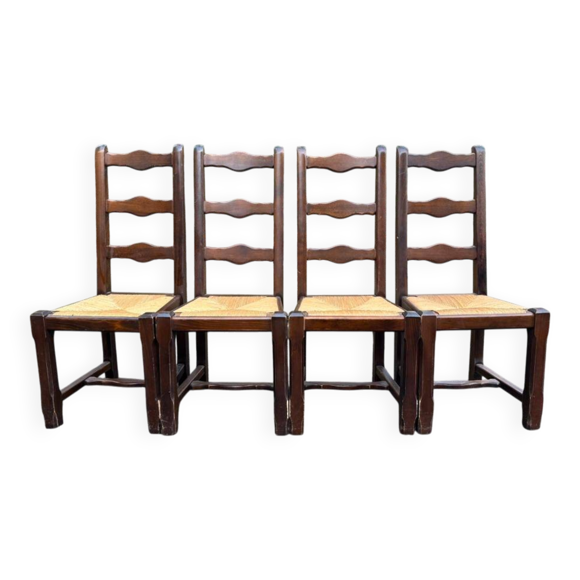 4 dining chairs, solid wood, straw, farmhouse style, dark oak, 20th century, 110cm
