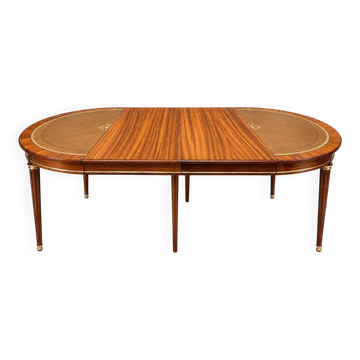 Extendable dining table – Louis XVI style – Mahogany, leather, brass