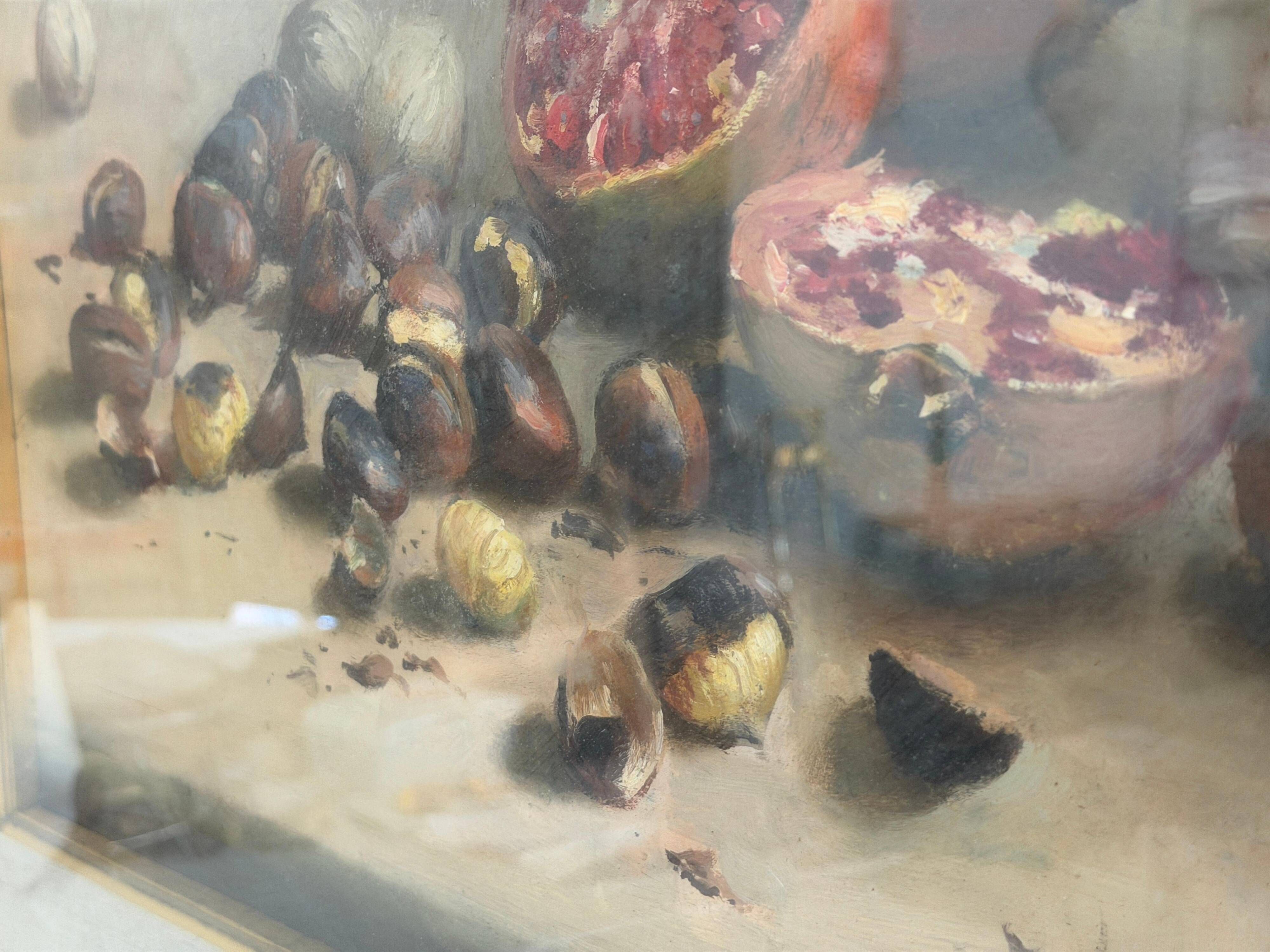 Still life with pomegranates and walnuts Oil painting on canvas signed, 1967, Italy