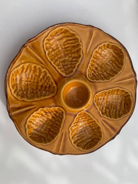 6 oyster plates, for 6 oysters, vintage glazed ceramic slip