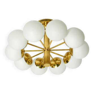 Beautiful 1960s Space Age brass ceiling lamp with 10 glass balls by Kaiser