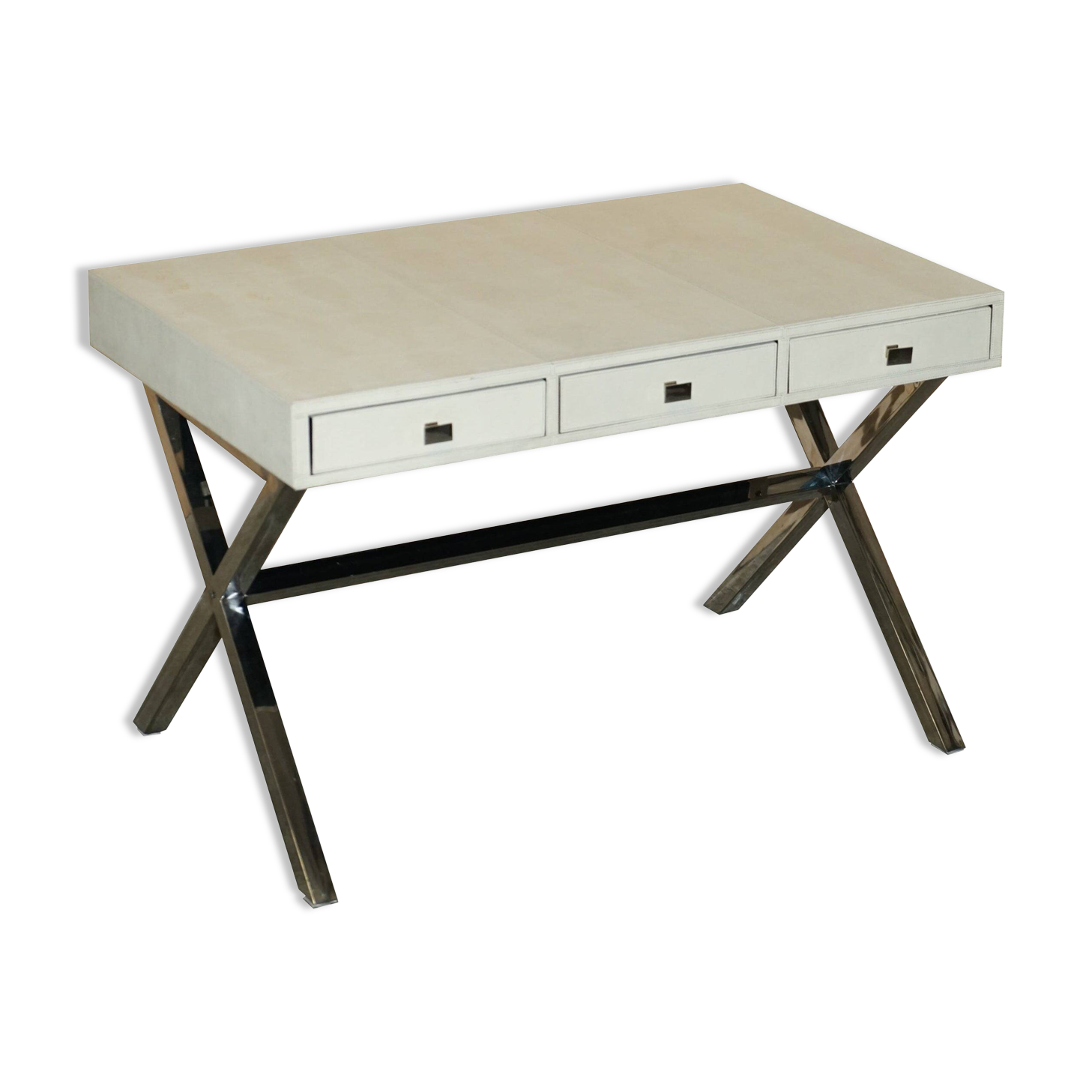 Vintage writing desk with chrome X-shaped top and patinated crocodile leather.