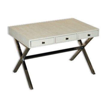 Vintage writing desk with chrome X-shaped top and patinated crocodile leather.