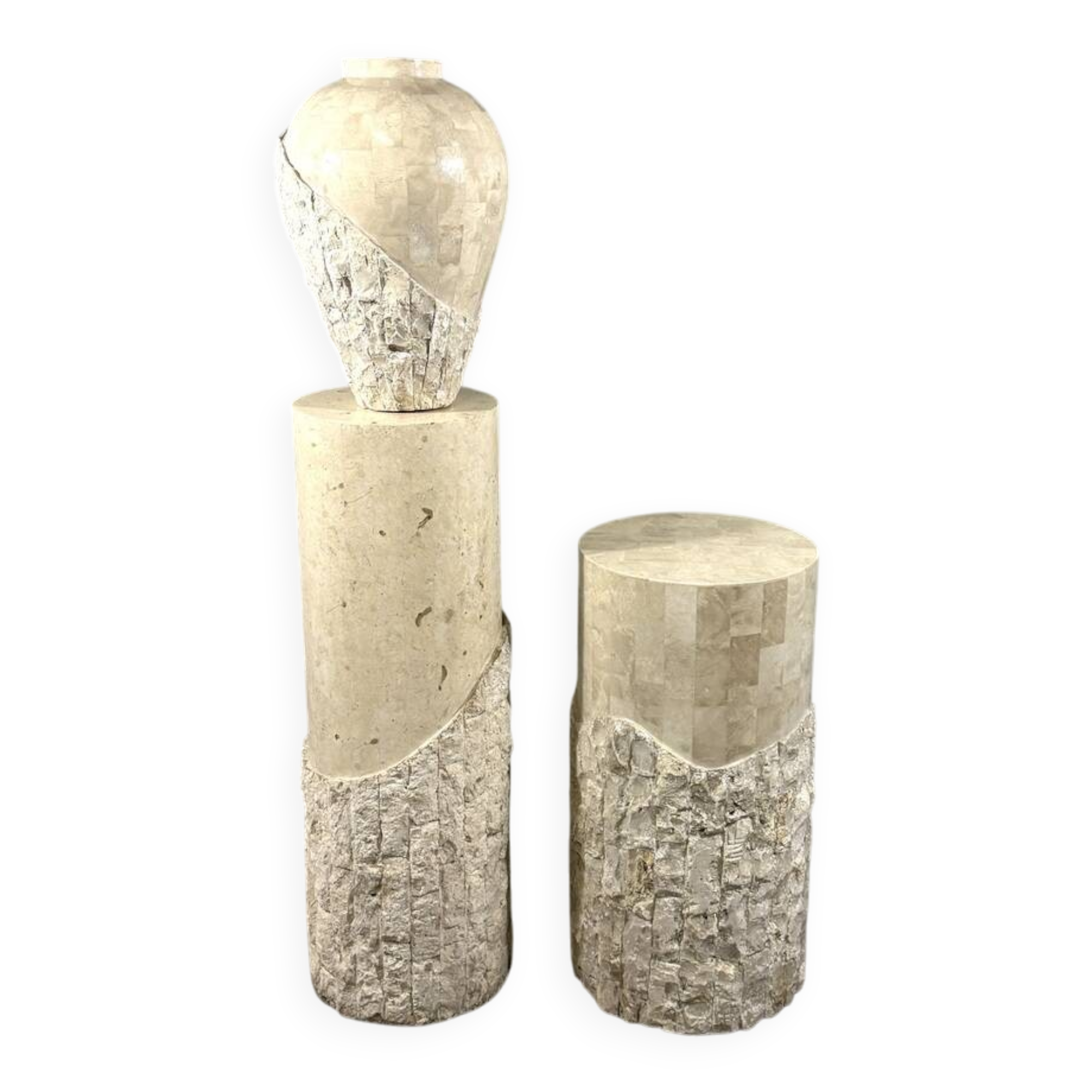 Travertine mactan stone columns & vase 1980’s