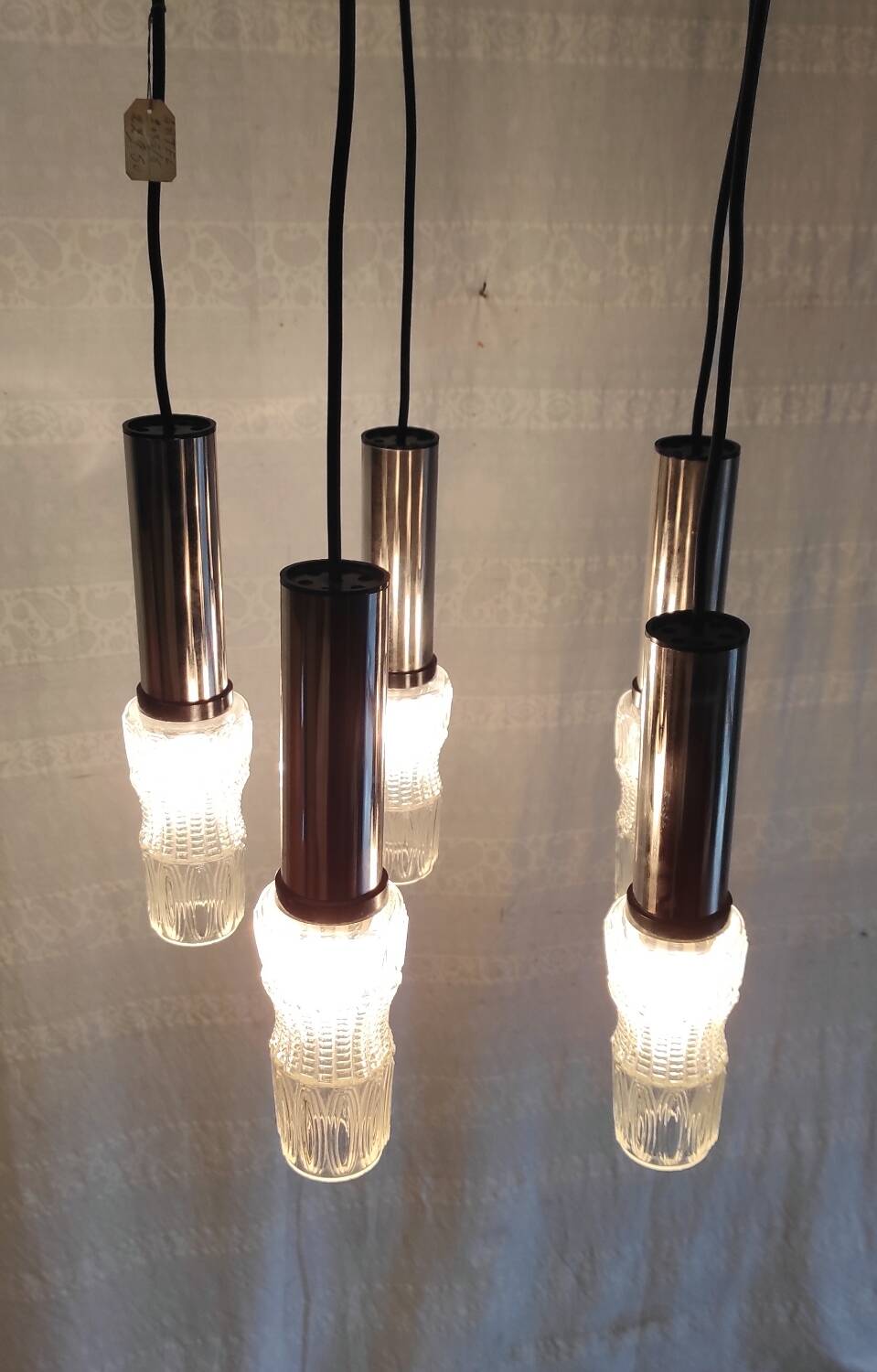 5-light chrome metal and molded glass pendant light - 70's