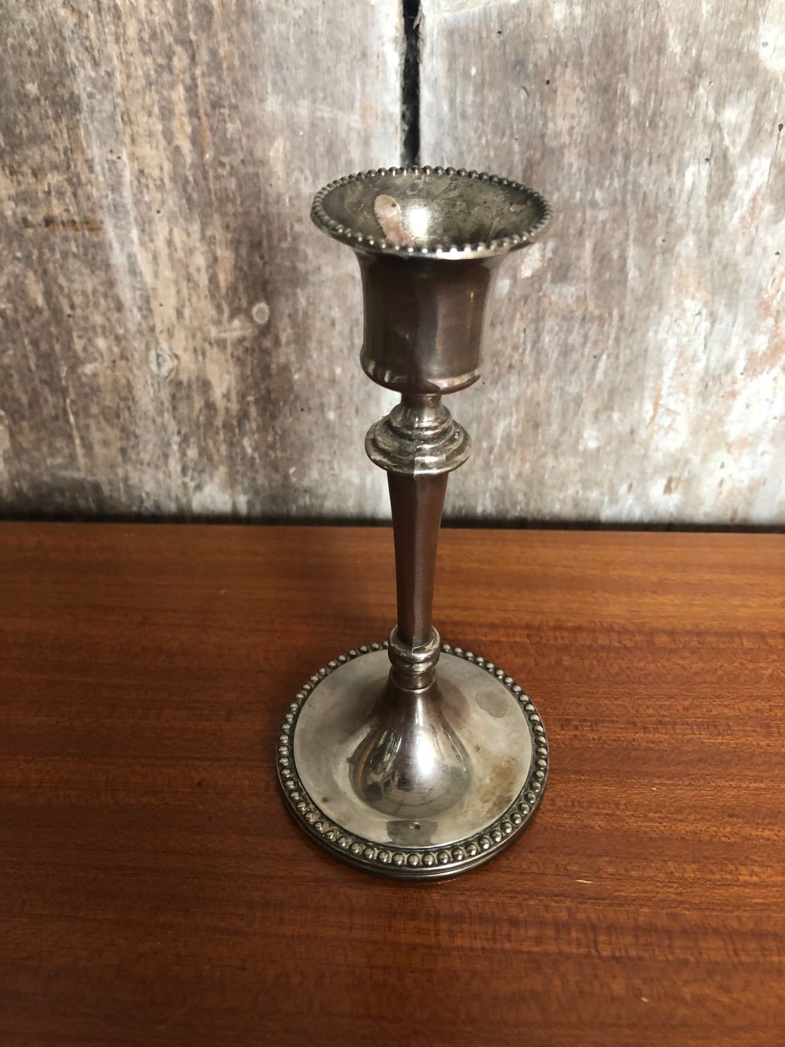 Old pair of silver metal candlesticks vintage pearl rank