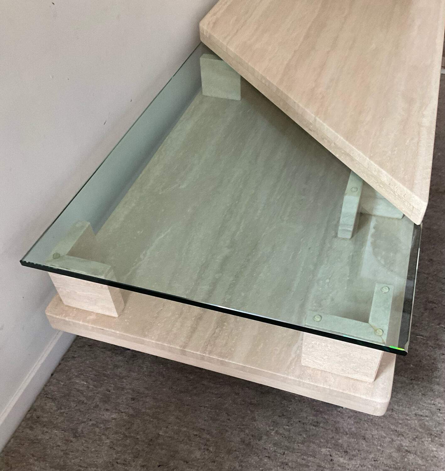 Vintage travertine and glass coffee table