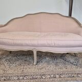 Louis XV style bench sofa in pink fabric and burlap