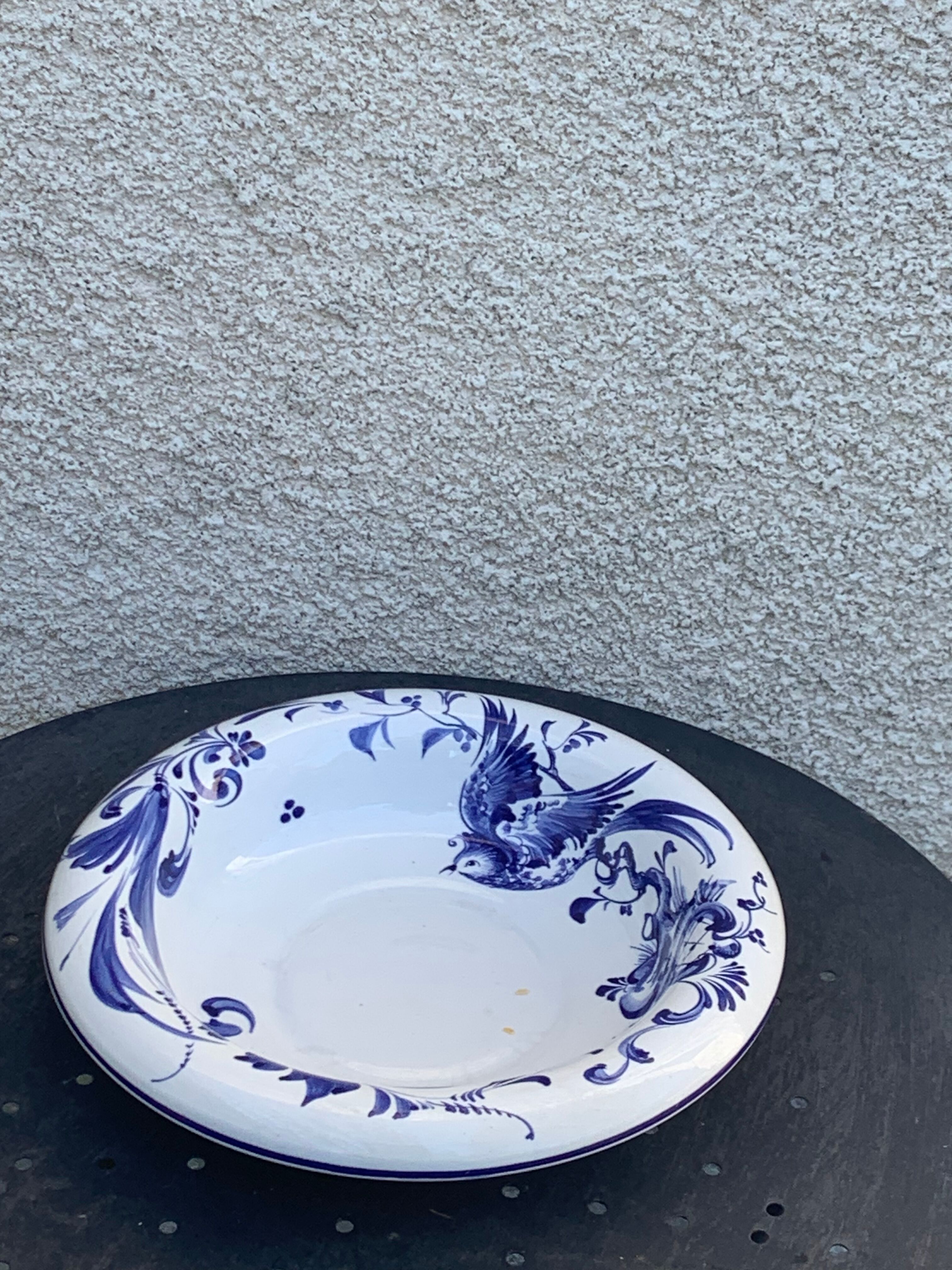 Hollow dish in enameled ceramic bird pattern hand painted Portugal numbered
