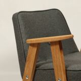 Fauteuil du milieu du siècle, revêtement en laine grise, bois de chêne, chaise longue de Style Vintage après rénovation