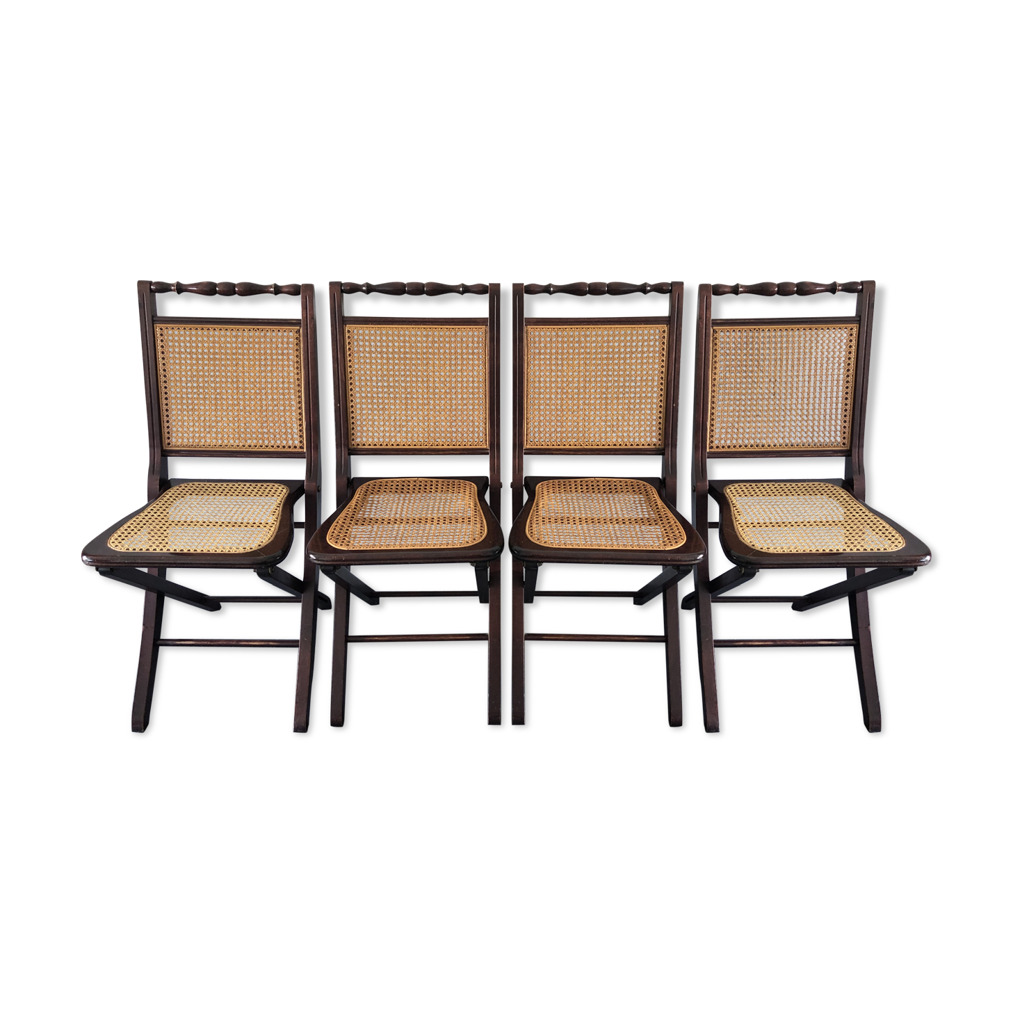 Suite de 4 chaises pliantes en acajou et cannées années 60