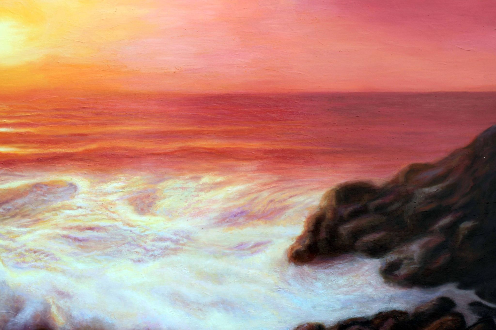 Cuadro del mar al oleo. Pintura de puesta de sol en el mar.